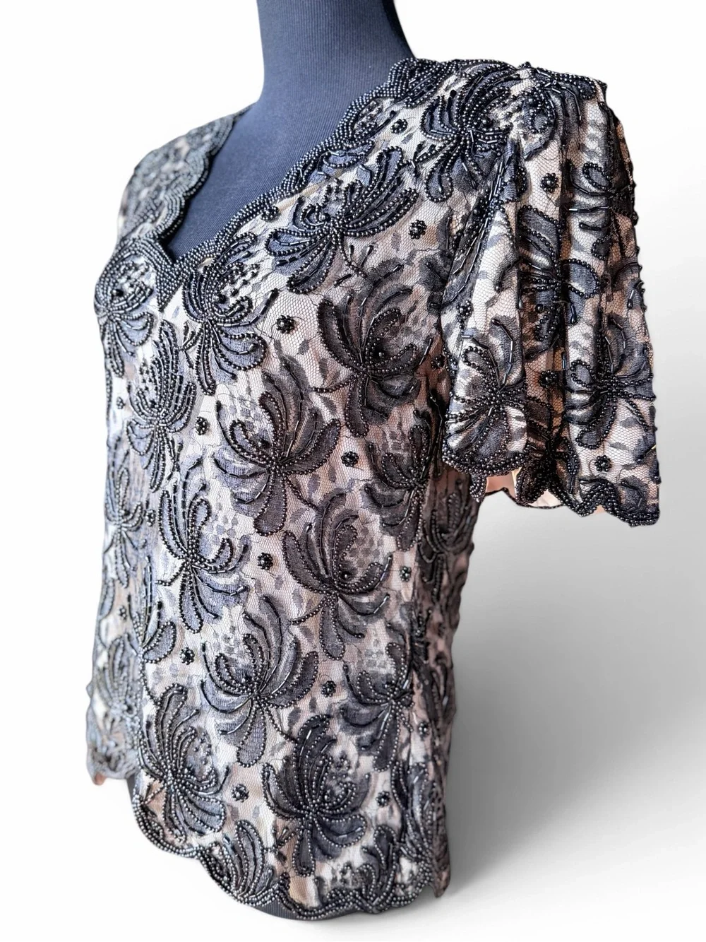 Vintage Lawrence Kazar Beaded Blouse Black Floral Mesh Scalloped Evening Top M - Picture 2 of 9